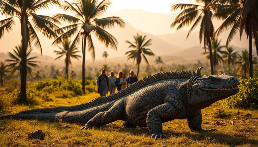 A rugged Komodo dragon, its scaly skin glistening in the warm sunlight, leads a small group of adventurous tourists through a lush, verdant landscape dotted with towering palm trees. In the middle ground, the visitors, clad in safari gear, follow the majestic reptile with a mix of awe and caution. The background features a backdrop of distant, hazy mountains, creating a sense of vast, untamed wilderness. The scene is bathed in a soft, golden light that enhances the natural beauty of the environment, conveying a sense of exploration and discovery. The overall mood is one of adventure, wonder, and respect for the primal power of the Komodo dragon, the apex predator of its domain.